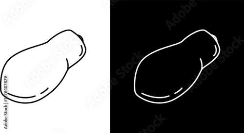 Simple line drawing of a papaya shape, presented in both a white outline on black and a black outline on white background.