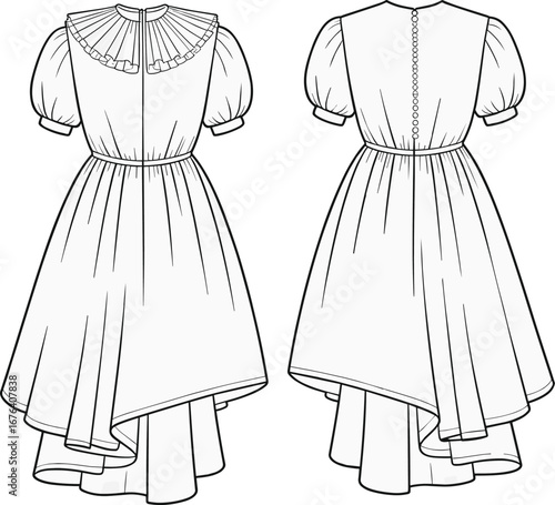High low layered dress, puff sleeve girls gown, back button detail, ruffle collar design, cad drawing, vector flat sketch