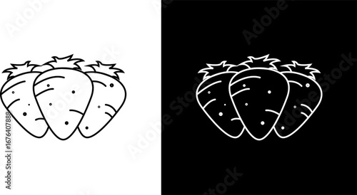 Three stylized strawberry are presented in a line art illustration, contrasted against both a white and a black background.