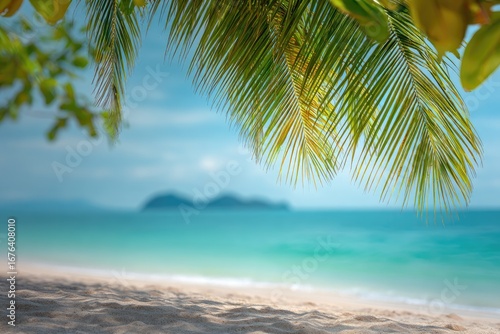 Fototapeta Naklejka Na Ścianę i Meble -  Tropical beach scene, palm leaves framing distant island