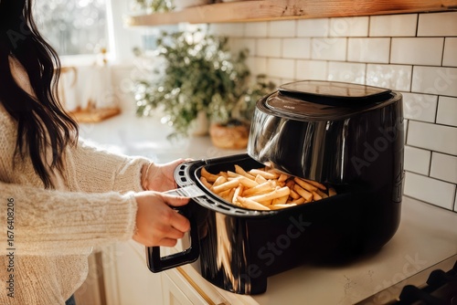 A person placing a tray of french fries into an air fryer in a well-lit kitchen setting