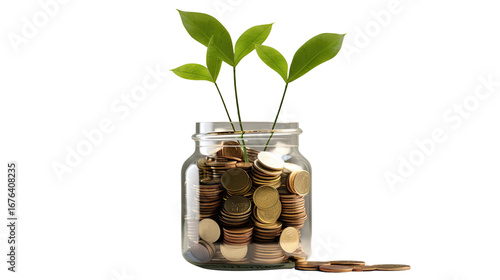 Glass jar filled with coins and green plant sprouting symbolizing savings investment and financial growth isolated on white background
