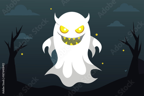 Cartoon Ghost with Glowing Eyes and Horns Floating in a Dark Night Perfect for Halloween Themed Designs and