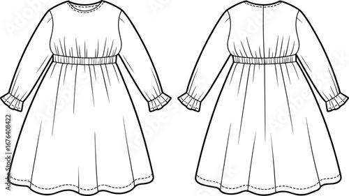 Long sleeve girls dress, baby frock flat sketch, front and back view, gathered waist design, cad drawing flat vector illustration