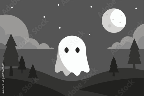 Spooky Ghost Floating in a Dark Landscape Under a Full Moon with Stars and Trees in the Background