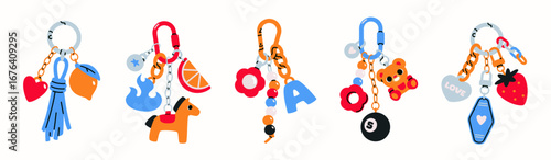 Set of cute keychains. Carabiners decorated with various accessories, hanging charms and trinkets. Holder with toys and items. Flat vector illustration collection isolated on background