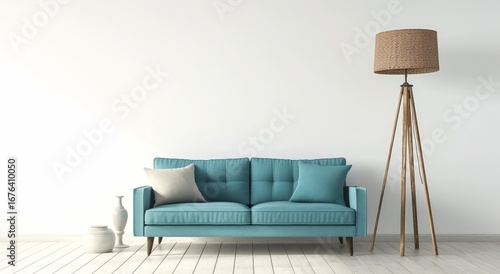 Minimalist living room interior with blue sofa and wooden floor lamp against white wall, frontal view, modern home decor and Scandinavian design concept