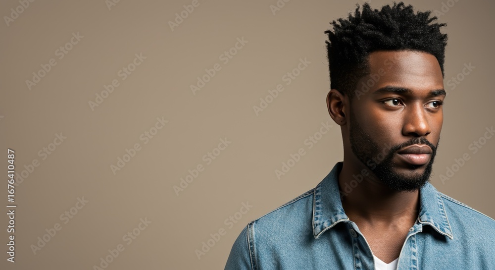 Obraz premium Thoughtful African American Man in Denim Jacket Looking Away