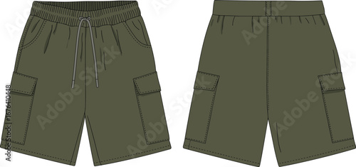 Men olive green cargo shorts vector front and back, flat sketch, technical drawing, casual wear, drawstring waistband, pocket design