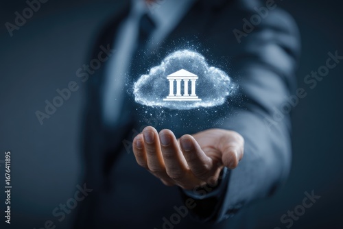 Businessman's hand holds a cloud-based bank icon