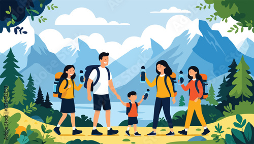 A cheerful family hikes with backpacks and water bottles on a scenic mountain trail surrounded by trees and peaks under a cloudy sky.