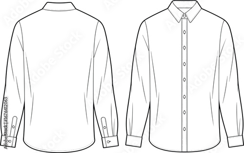 Men’s formal button-down shirt front and back view with collar, long sleeves, cuff, flat sketch, vector CAD illustration