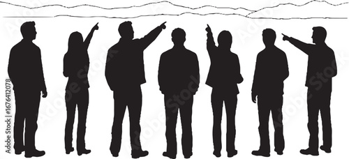 Black Silhouettes of People Pointing Towards Distant Horizon