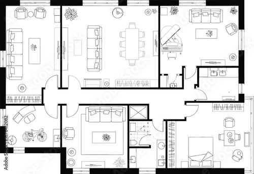 Detailed architectural floor plan blueprint for a modern residential house with multiple rooms and furniture layouts