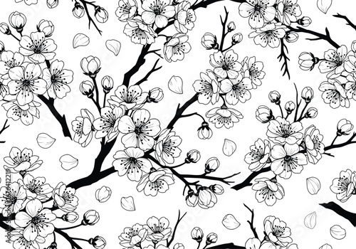 Seamless pattern of delicate blooming cherry blossom branches in a detailed black and white ink sketch style