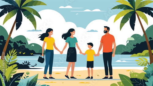 Family holding hands on tropical beach vacation, enjoying summer holiday together, flat vector illustration with palm trees and sea