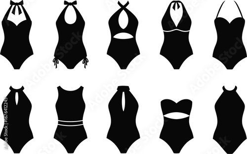 Collection of ten diverse black one piece swimsuits and bikinis displayed in two rows against a white background
