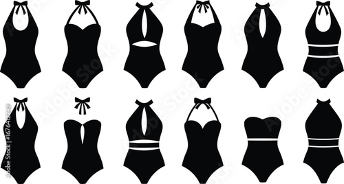Collection of diverse black one piece swimsuits and bikinis with various necklines and strap designs displayed in a grid pattern