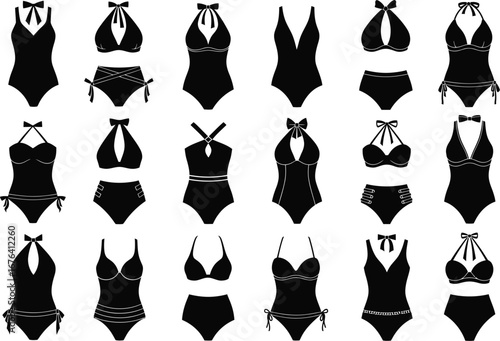 Collection of various black bikinis and one piece swimsuits displayed in a grid on a white background