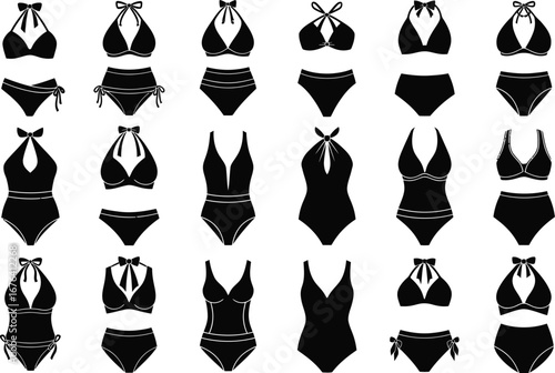 Collection of black and white fashion illustrations of various women s swimwear styles including bikinis and one piece swimsuits