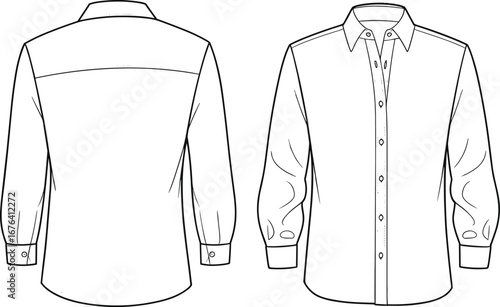 Men's long sleeve button-up formal shirt flat sketch, front and back views, fashion CAD design, vector illustration template