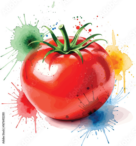 Vibrant red tomato splashed with colorful watercolor paint against a clean white background