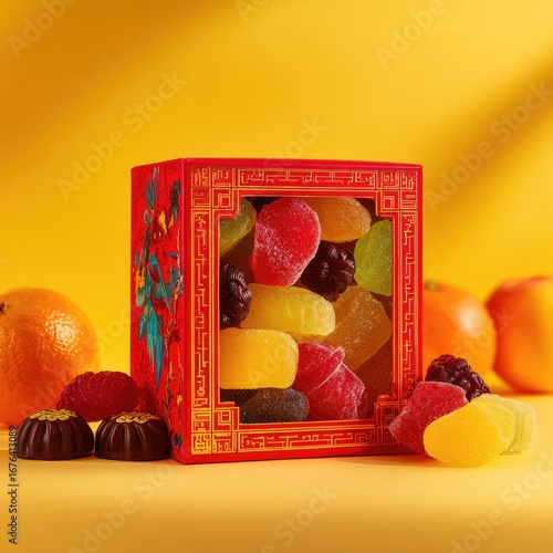 Red box of colorful fruit jellies with chocolates and oranges