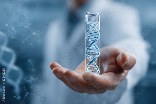Hand holding a test tube with DNA helix, surrounded by scientific imagery