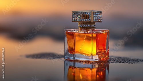 Ornate amber perfume bottle at sunset