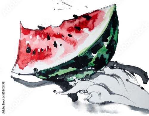 Hand-drawn watermelon illustration. Charm. Hand-drawn style. Brush-painted ingredients. Seeds. Fruit. Moisture. Imported. Potassium, Magnesium. Summer. Red and green.