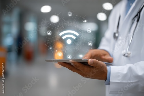 Doctor uses tablet, wireless network overlay, medical setting