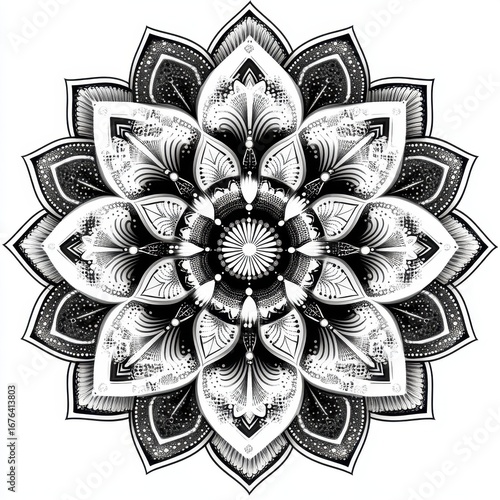 Intricate Black and White Mandala Design with Floral Patterns