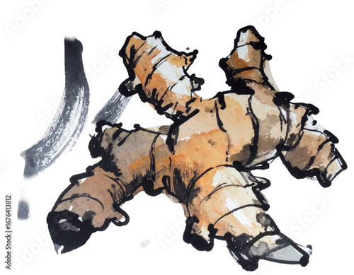 Hand-drawn ginger illustration. Charm. Hand-drawn style. Brush-painted ingredients. Root vegetable. Root. Heat retention. Warming. Antibacterial properties.