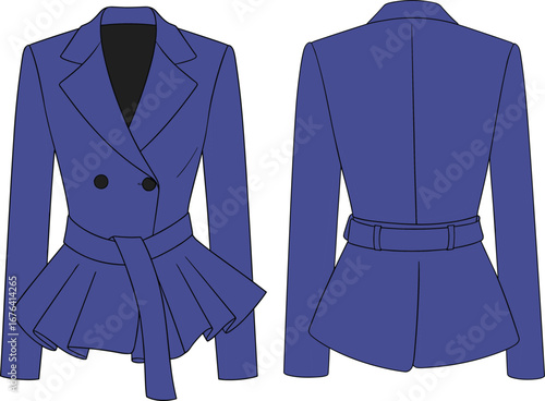 Modern women's peplum blazer with wide belt, double-breasted front, clean back view, flat vector sketch, CAD fashion illustration