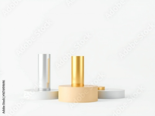 Wallpaper Mural Minimalist still life with gold and silver cylinders on geometric pedestals Torontodigital.ca