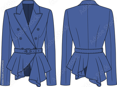 Peplum blazer flat sketch, double breasted jacket design, belted asymmetrical hem, women’s outerwear CAD vector, front and back view