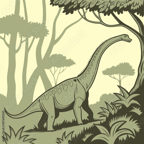 Illustration of a brachiosaurus dinosaur in a prehistoric forest setting.