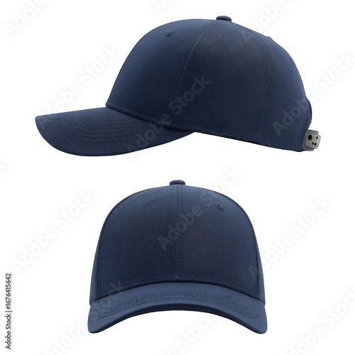 Two views of a navy blue baseball cap