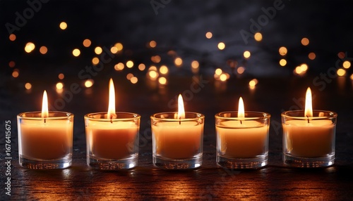 candle row lit on dark textured surface with glowing embers for celebration