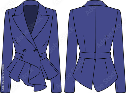 Peplum blazer with double-breasted front, asymmetric ruffle hem, belted waist, long sleeves, CAD drawing flat vector illustration