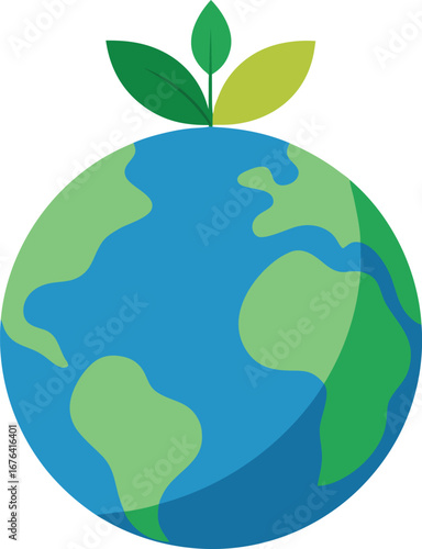 Vector art of stylized illustration of planet earth with green leaves sprouting from the top, symbolizing environmental protection and sustainability