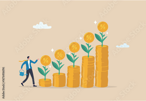 Compound interest growth, savings, investment or wealth accumulation formula, interest rate principal, profit or earning, prosperity concept, businessman watering compound interest seedling growth.