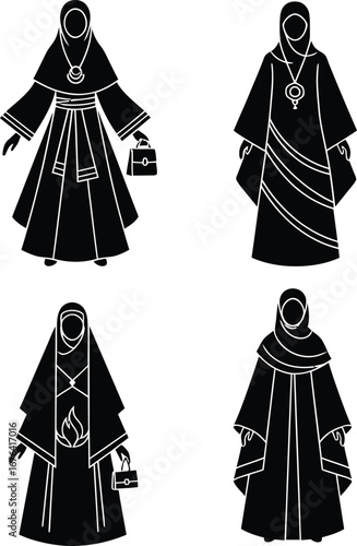 Four stylized black and white illustrations of women wearing traditional Islamic clothing, each with unique headscarves and flowing robes.