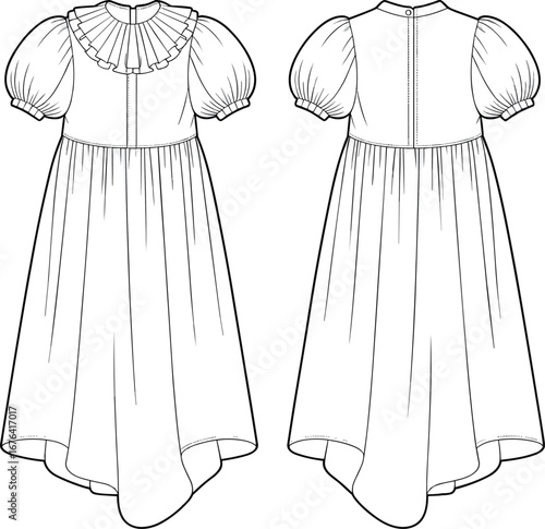 Ruffle collar girls dress, puff sleeve fashion flat, kids clothing design cad, front back view, vector sketch illustration