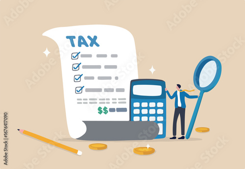 Tax planning, financial strategy for tax optimization, reduction or refund, income or revenue management, taxation or calculation concept, businessman with magnifying glass analyze tax plan document. 