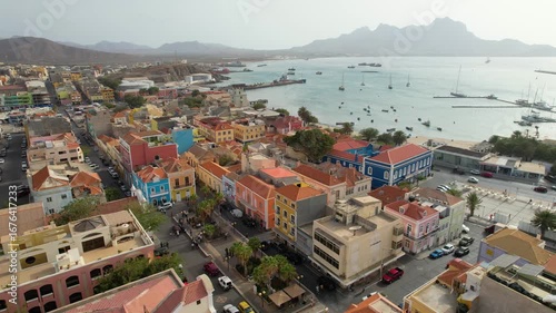 CAPE VERDE - 8.4.2025 - Amazing aerial footage moving along Portuguese buildings on the port of Mindelo, Cape Verde.
