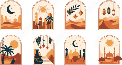 Collection of eight arched Islamic-themed illustrations featuring desert landscapes, cityscapes, mosques, and crescent moons.