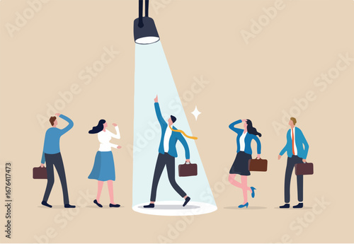 Outstanding employee or spotlight winning candidate, talent recruitment or best employee, job opportunity vacancy, HR hiring, candidate selection concept, winner job candidate with spotlight shining.