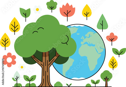 Illustration of a tree and Earth, symbolizing environmental care and sustainability.