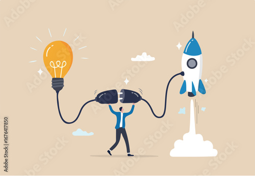 Entrepreneur business idea creating startup company, start new business with creativity, innovation, company founder, inventor or development, businessman connect lightbulb idea with launching rocket.